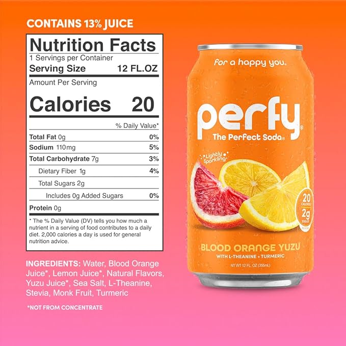 PERFY Healthy Soda for Brain &amp Mood – Nootropics w/L-Theanine &amp Turmeric + Real Fruit Juice – Caffeine-Free Low Cal Low Sugar Keto Gluten-Free (12-pack Blood Orange Yuzu)