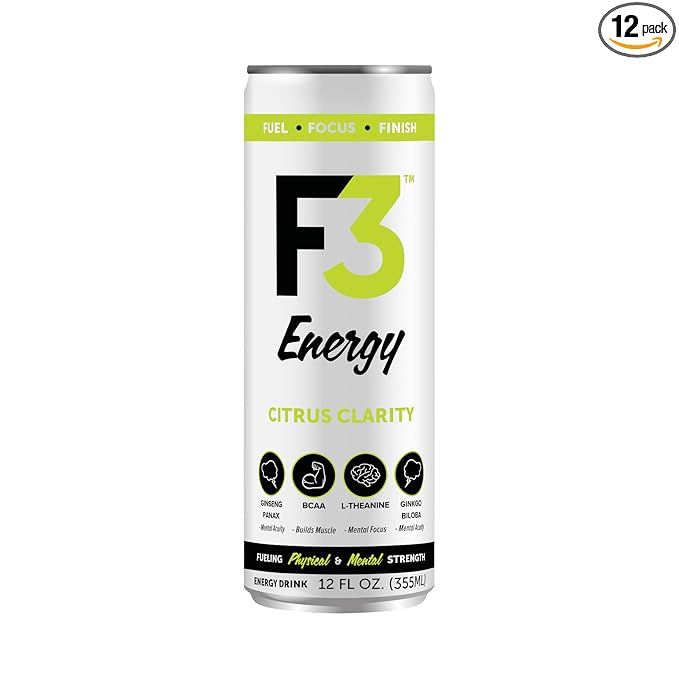 F3 Energy Citrus Clarity Energy Drink - Muscle Building Sports Drinks w/BCAA Panax Ginseng &amp Ginkgo Biloba - Natural Energy Drinks for Mental Focus &amp Muscle Recovery 125 mg Caffeine (12 pack