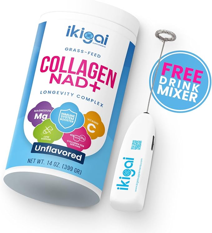 Ikigai Collagen with NAD+ (30 Servings) - Non-GMO Gluten-Free Paleo Kosher - No Flavor Includes Free Drink Mixer