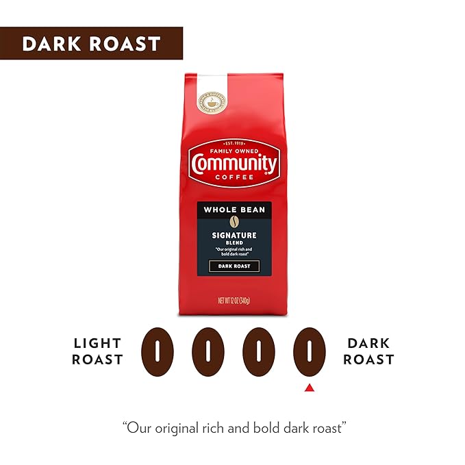 Community Coffee Signature Blend Whole Bean Coffee Dark Roast 12 oz Bag (Pack of 6)