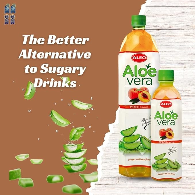 ALEO 0.5L x 24 Premium Peach Aloe Vera Drink - Natural No Preservatives No Artificial Colors Superior Taste Award 2025