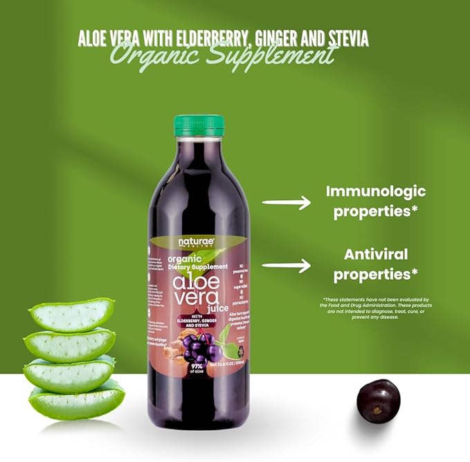 naturae Healthy Aloe Vera Juice – Natural Digestive Health &amp Immune Support – with Elderberry Ginger &amp Stevia – Promotes Stomach Balance &amp Regularity – 3 x 33.8 fl oz