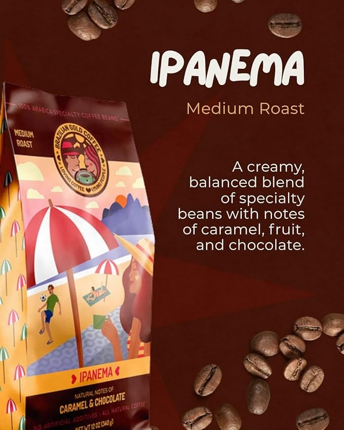 Brazilian Gold Coffee Ipanema Gourmet Caramel &amp Chocolate Low Acidity Medium Roast 12 oz Whole Bean