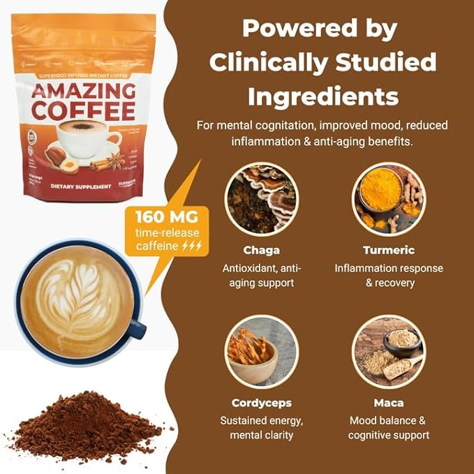 Superfoods Company | Amazing Coffee - Instant French Roast | Adaptogenic Mushrooms Superfoods - Energy Focus Digestion Immunity - 30 Servings - Hazelnut Flavor