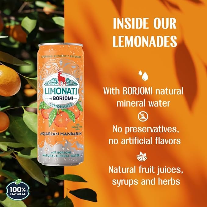 Limonati by Borjomi Adjarian Mandarin Lemonade with Natural Fruit Juice and Borjomi Natural Mineral Water 11.15 fl oz (12 Cans)