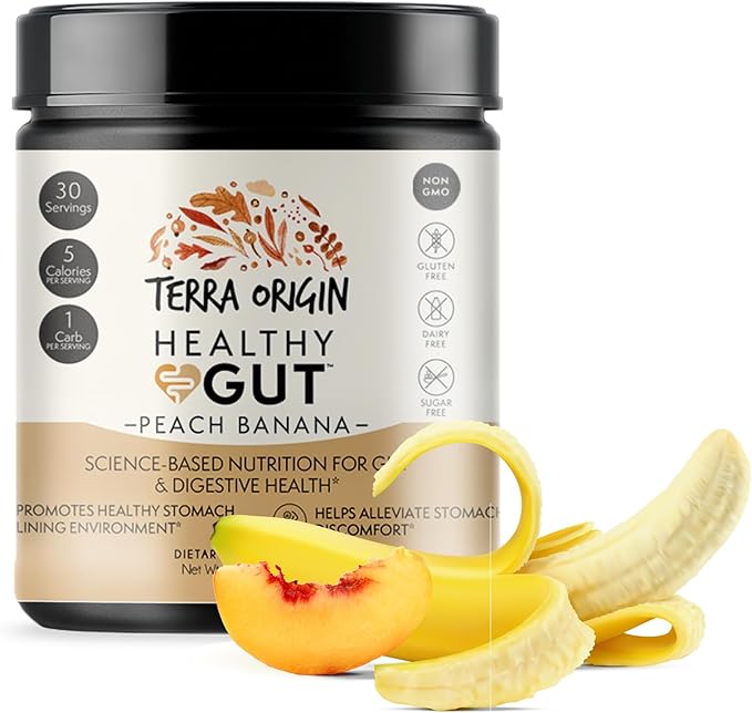 TERRA ORIGIN Healthy Gut Peach Banana | 30-Servings with L-Glutamine Zinc Glucosamine Slippery Elm Bark Marshmallow Root and More!