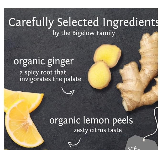 Bigelows- Organic Lemon Ginger Herbal Tea – 60 Individually Wrapped Caffeine-Free Tea Bags – Soothing &amp Refreshing Wellness Blend Custom Bundled by MOOCHI