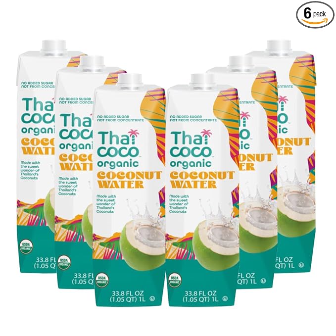Thai Coco Organic Coconut Water No Sugar Added No Artificial Ingredients Natural Electrolytes 100% Pure Not from Concentrate - 33.8 fl. oz. (6 Pk)