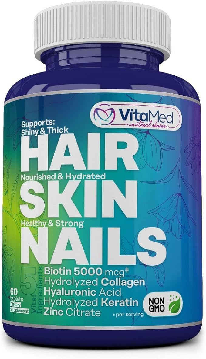 VitaMed Hair Skin &amp Nails – Biotin 5000 mcg Collagen OptiMSM Keratin Hyaluronic Acid &amp Silica | Supports Hair Growth Radiant Skin Strong Nails | Halal Non-GMO Gluten-Free – 60 Beauty