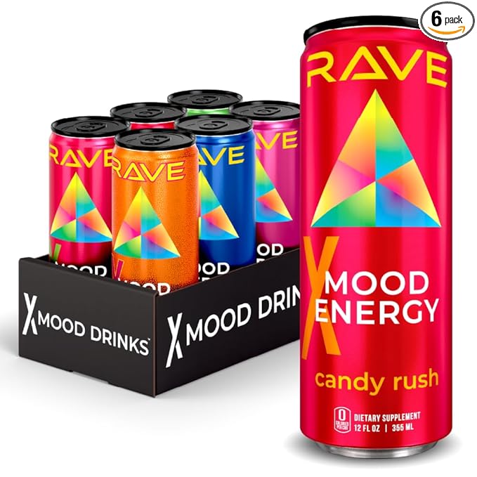 RAVE Mood Energy Drink is Mind Blowingly Different. With Mood-Boosting Functional Mushrooms Nootropics Adaptogens &amp B Vitamins. Experience Mind &amp Body Rush! 225mg Caffeine - Electrolytes - Z