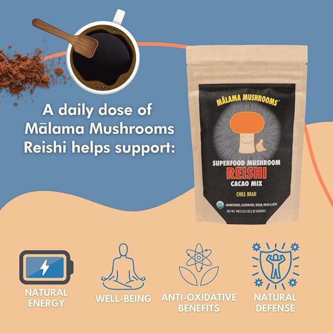 Malama Organic Mushroom Hot Cacao Mix Reishi Mushroom Powder with Fair Trade Cacao for Immune Support &amp Relaxation – Vegan Supplement &amp Superfood Non GMO 3.5 oz (50 Servings)