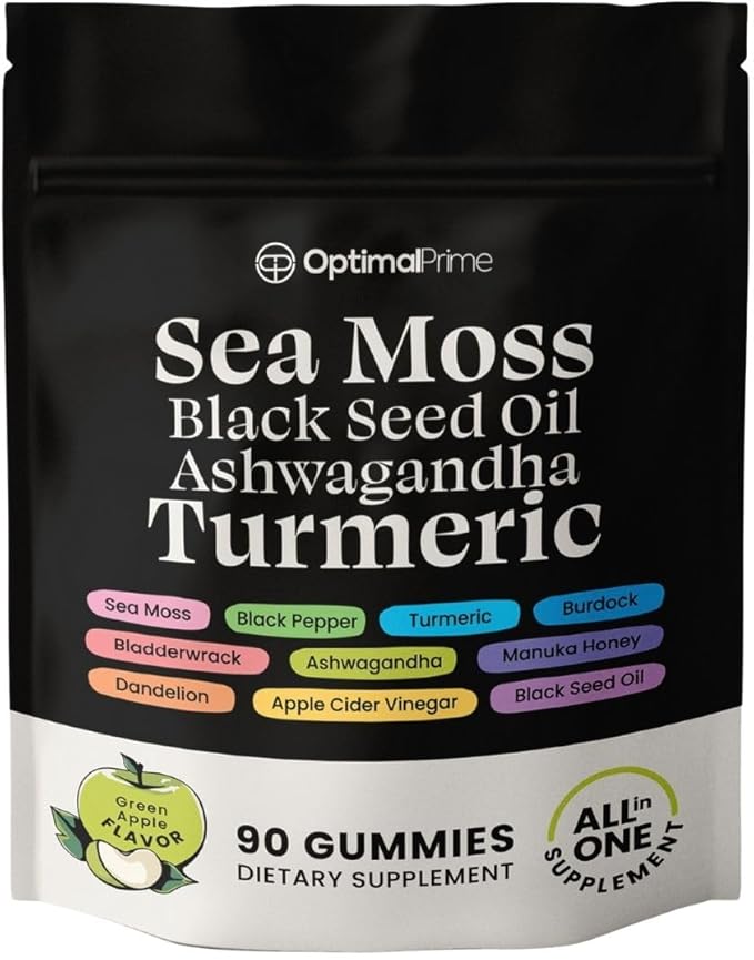 Optimal Prime Sea Moss and Black Seed Oil Gummies Ashwagandha Turmeric Manuka Honey ACV Dandelion Black Pepper Burdock Bladderwrack Vegan 90 Gummies 45 Day Supply