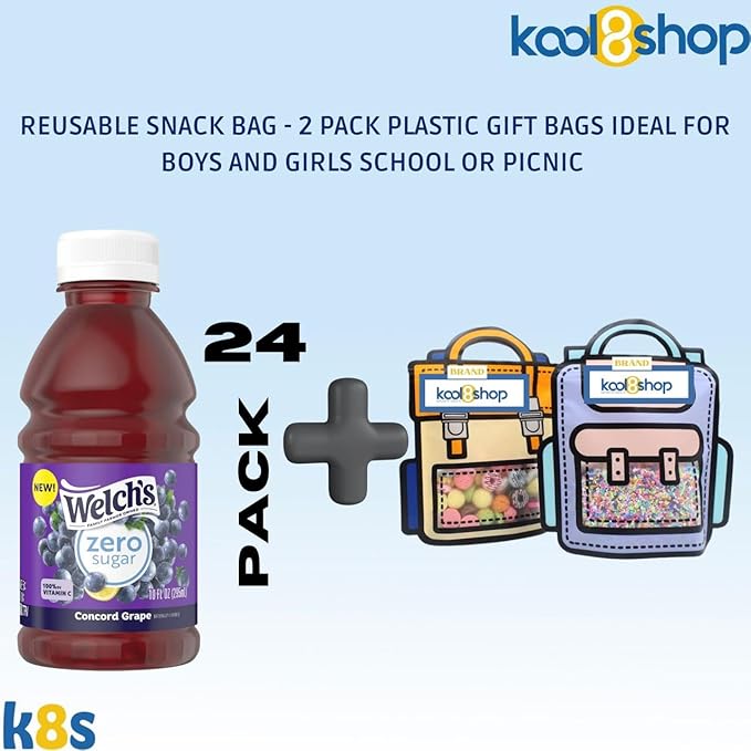 Welch's Zero Sugar Concord Grape Juice Drink 10 fl oz Plastic Bottle 24 Pack + 2 Reusable Snack Bags by KOOL8SHOP Infinite Deals