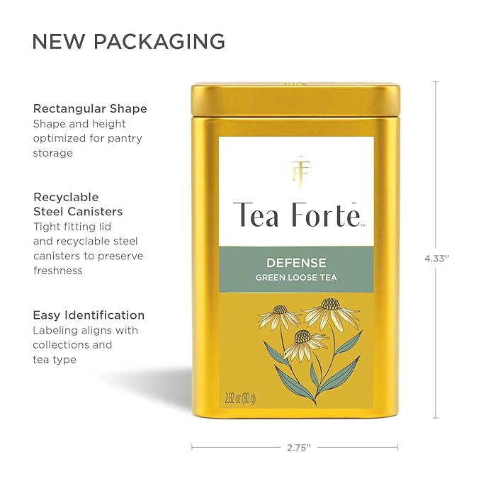Tea Forte Defense Premium Loose Leaf Caffeinated Green Tea Blend Canister Makes 35-50 Cups
