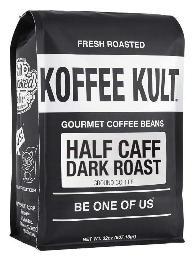 Koffee Kult Half Caff Coffee Whole Bean Dark Roast Half Caffeine Decaf Low Acid Naturally Decaffeinated (32oz Ground)