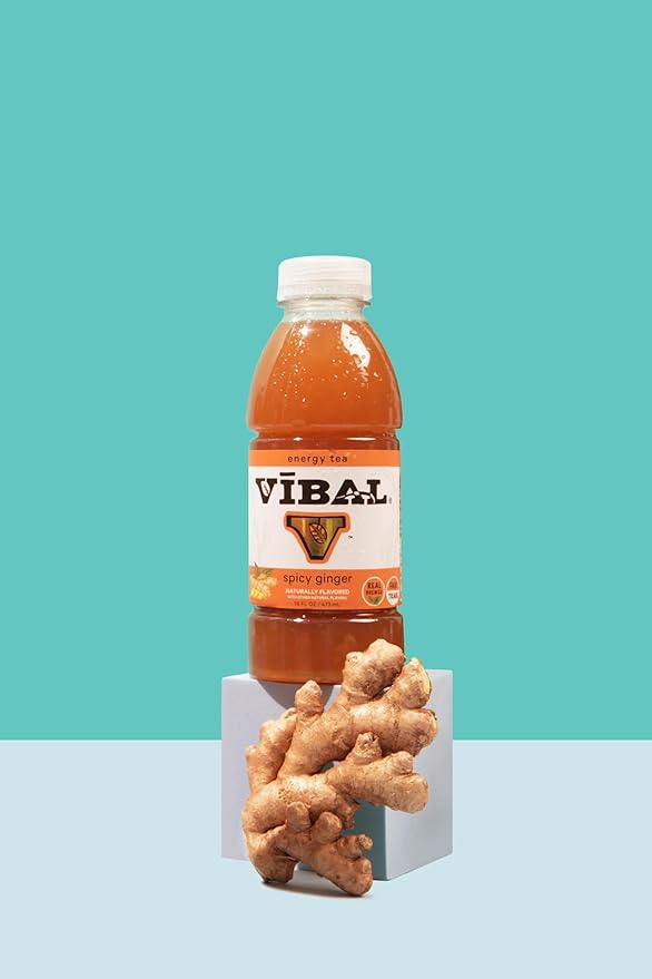VIBAL ENERGY TEA Spicy Ginger 16 Fl Oz 6-Pack Natural Energy High Caffeine Ginseng Theanine Low Sugar Low Carb Low Calorie Adaptogens Nootropics