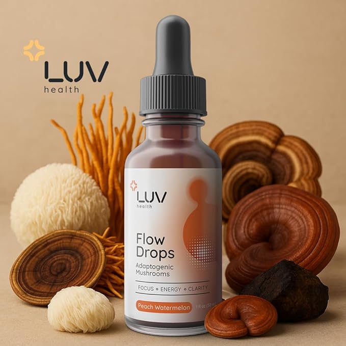 LUV health Flow Drops® – Energy Supplement for Focus Mental Clarity &amp Immune Support - Adaptogenic Mushrooms with Lion’s Mane Cordyceps Reishi Chaga &amp Turkey Tail – Vegan Made in USA 60 S