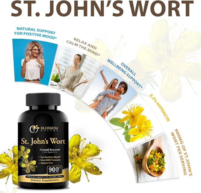 St Johns Wort 900mg-Mood Support Supplement*-Calm Supplements*-120 Vegetable St Johns Wort Capsules(2 Month Supply)450mg of Vegan Non-GMO St. John's Wort (Hypericum Perforatum)0.3%Hypericin per Cap