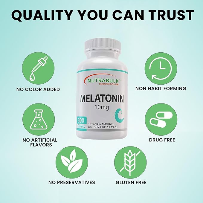 NutraBulk Melatonin 10 mg Tablets – Quick Release Natural Nighttime Sleep Aid for Adults. (300 Count)