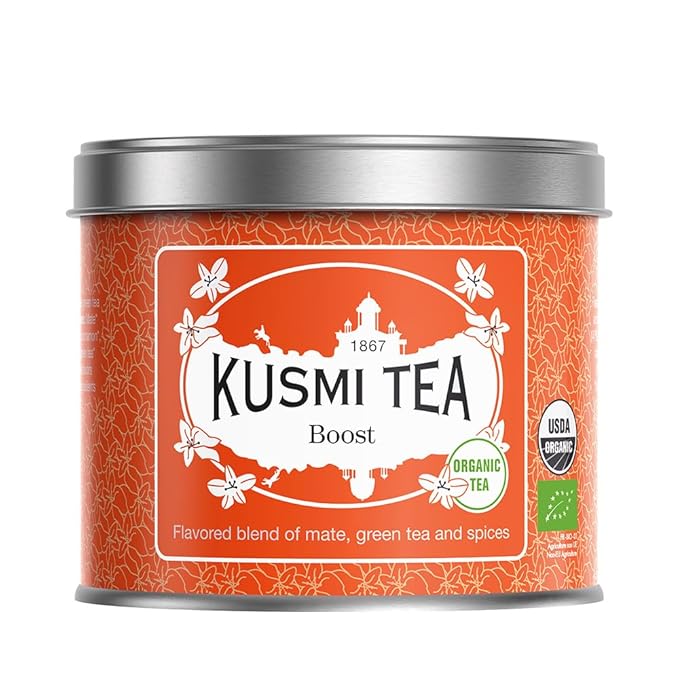 Kusmi Tea - Boost - Organic Blend of Green Tea Mate &amp Spices - Flavored with Cinnamon Cardamom &amp Ginger - Loose Leaf Tea - Tin Box of 3.5 oz - Quantity for about 50 cups