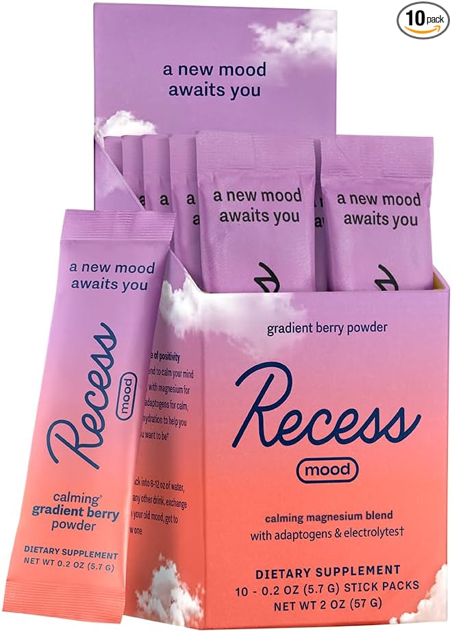 Recess Mood Powder Calming Magnesium L-Threonate Blend with Passion Flower L-Theanine Electrolytes Magnesium Calm Support Supplement - Gradient Berry Pack of 10
