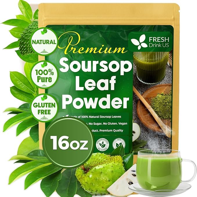 FreshDrinkUS Premium Leaf Tea Bags Powder 100% Natural &amp Pure. Herbal Tea. No Sugar No Caffeine No Gluten Vegan. (16 oz Soursop Leaf Powder)