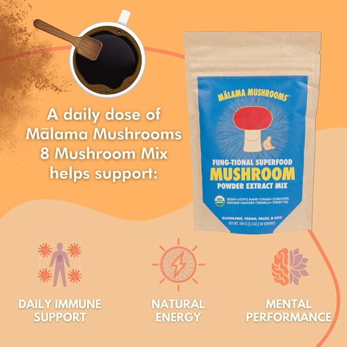 8-Mushroom Extract Powder by Malama Organic Body Mushroom Blend Featuring Lion's Mane Reishi Cordyceps Chaga Turkey Tail Superfood Adaptogenic