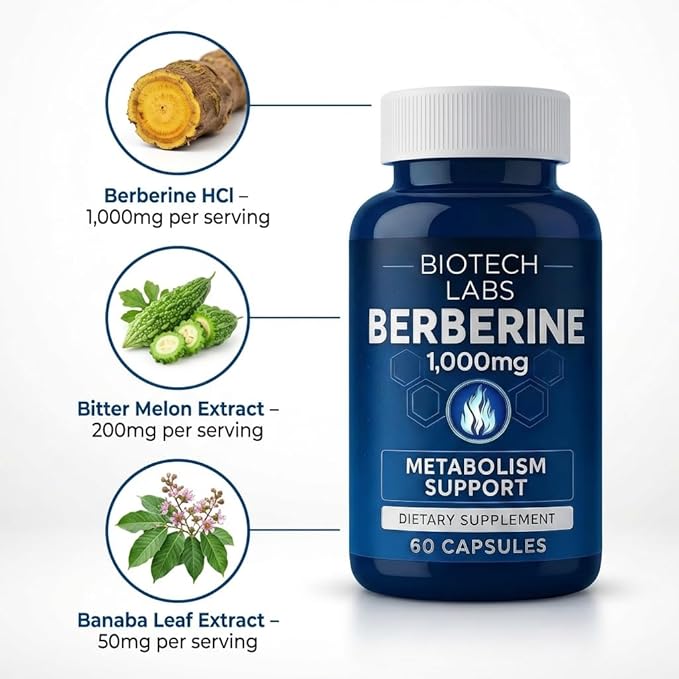 Berberine 1000 mg with Bitter Melon and Banaba Leaf – Herbal Supplement 60 Capsules
