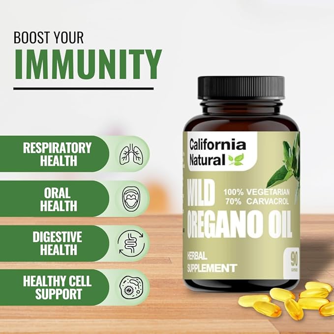 Wild Oregano Oil Vegetarian Soft Capsules - California Natural - Immune System &amp Digestive Support - Promote Gut Health &amp Healthy Digestion - 100% Vegetarian - 70% Carvacrol - Herbal 90 count
