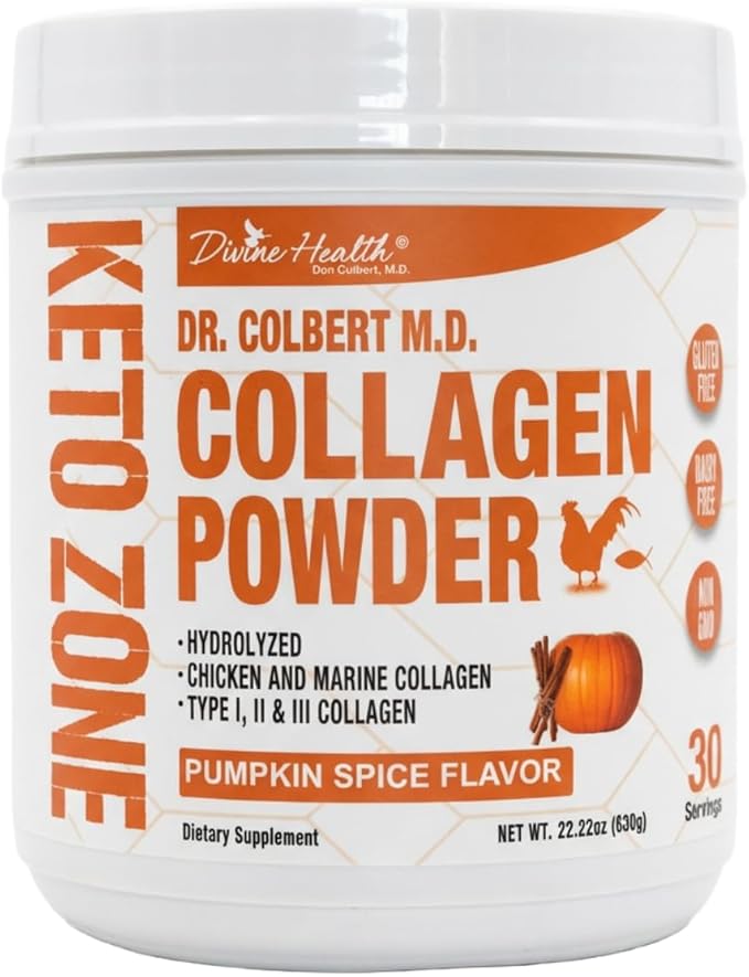 Dr. Colbert MD Hydrolyzed Collagen Powder | Pumpkin Spice Flavor | Divine Health | Type I II III Chicken &amp Marine | Hair Skin &amp Nails | Recommended in Keto Zone | 630g | 30 Servings