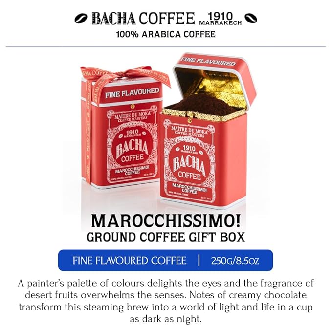 Bacha Coffee | Marocchissimo! Fine Flavoured Ground Beans Medium Roast 100% Arabica Specialty Coffee 250g Signature Nomad Collection Gift Box
