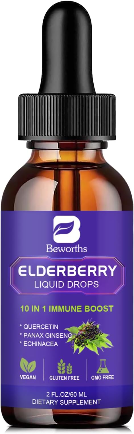 2 Pack Elderberry Syrup Black Elderberry Drops with Quercetin Panax Ginseng Vitamin C and Zinc Sambucus Elderberry Syrup Liquid for Immune Support Vegan Non-GMO &amp Gluten Free