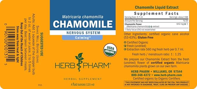 Herb Pharm Certified Organic Chamomile Liquid Extract for Calming Nervous System Support - 4 Ounce