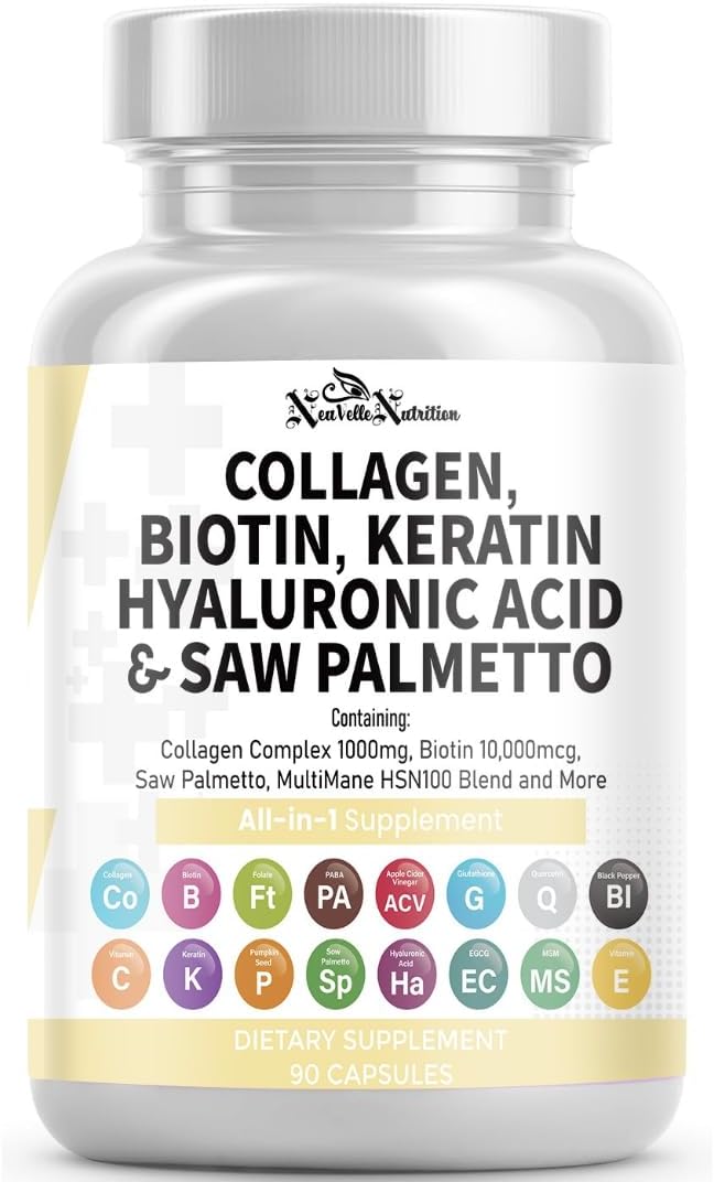 16 in 1 Collagen Supplement - Peptides Types IIIIII &amp V with Biotin Keratin Hyaluronic Acid Saw Palmetto Vitamins C &amp E Apple Cider Vinegar &amp PABA - Nail Skin &amp Hair Health Supp