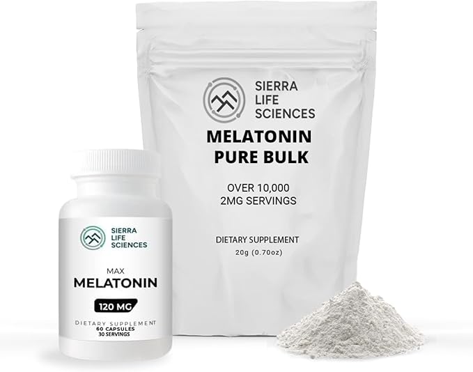 Melatonin Max Bundle | 120mg Capsules &amp Bulk Powder | Natural Sleep Aid with Custom Dosing | 10000 Servings Powder + 60 Capsules | High-Dosage Supplement