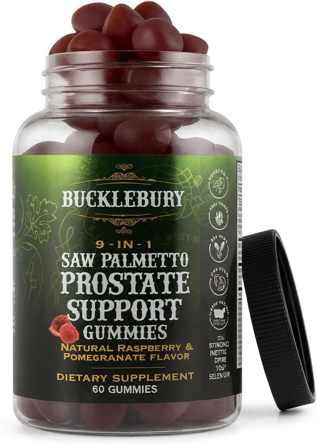 BUCKLEBURY 9-in-1 Natural Saw Palmetto Gummies with Raspberry &amp Pomegranate Flavor - Plant-Based Prostate Support Supplements for Mens Bladder Health Hair Growth &amp Urinary Support - 60 Gummie