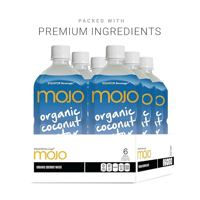 MOJO Organic Coconut Water | Hydration Drink &amp Sports Drink | Electrolytes Beverage 1043 mg | Vitamin B &amp C | Hydration Drink for Skin &amp Body | 33.8 Oz (Pack Of 6)