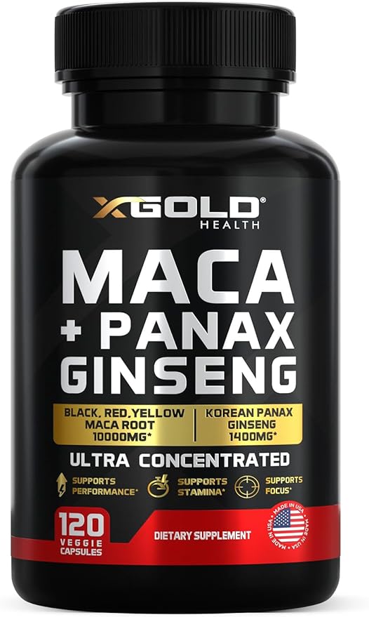 Maca Root Capsules 10000mg + Korean Panax Ginseng 1400mg - 20x Concentrated Extract Black + Red + Yellow Maca Root 10x Concentrated Extract Panax Ginseng Capsules - Ultra Potent &amp Highly Purifi