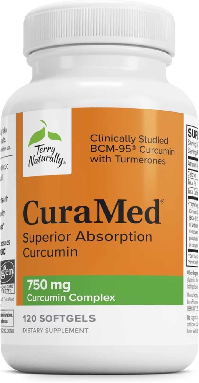 Terry Naturally CuraMed 750 mg - Antioxidant Supplement for Brain &amp Heart Health Support - Supplement with High-Potency Curcumin Complex - Kidney Liver &amp Immune Health Support - 120 Softgels