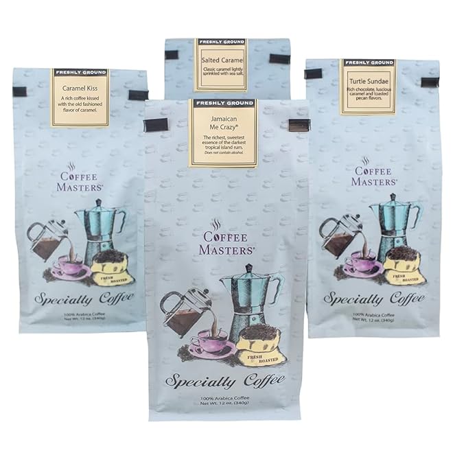 Coffee Masters Ground Coffee Sampler Caramel Kiss Jamaican Me Crazy Turtle Sundae and Salted Caramel 48 Ounce