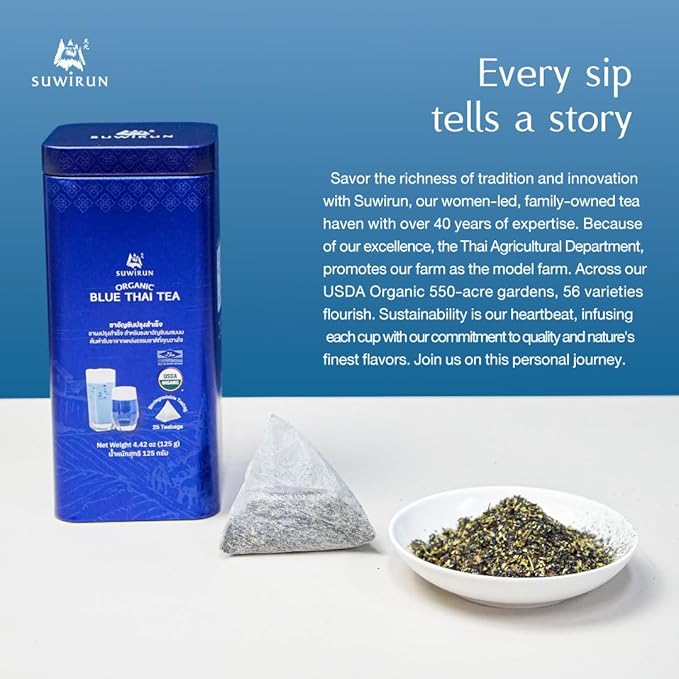 Suwirun Organic Blue Thai Tea 25 Bags – Naturally Blue Butterfly Pea Tea – Floral Aroma with Vanilla &amp Green Tea – Great for Hot Iced &amp Milk Tea