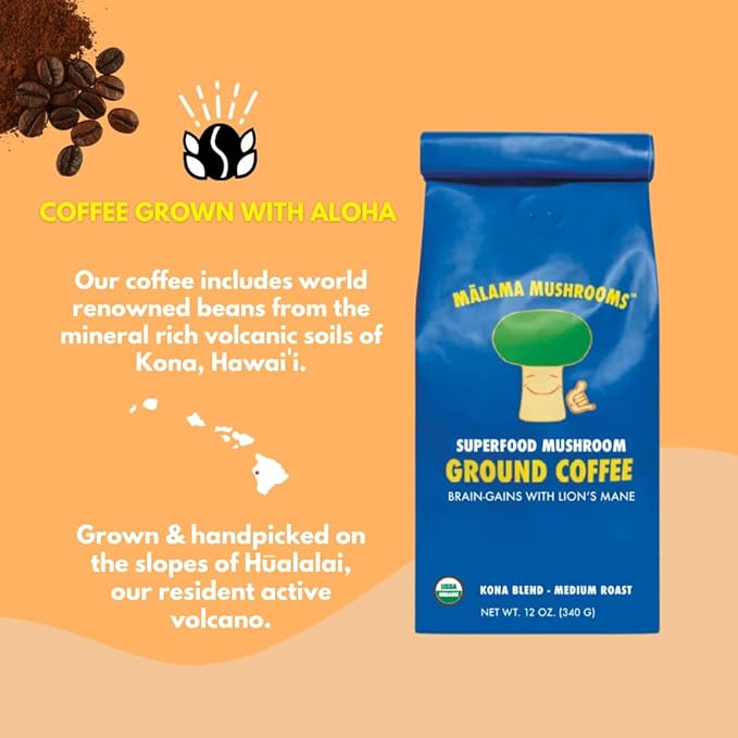 Malama Organic Mushroom Coffee Adaptogenic Mushroom Coffee with Lion's Mane for Focus Memory &amp Inmune Support – Blended with Organic Kona Roast | 12oz Bag