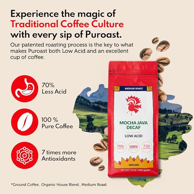 Puroast Low Acid Coffee Flavored Decaf | Decaf Mocha Java Ground | Medium Roast | High Antioxidants &amp High pH |No Bitter Aftertaste | Reduced Heartburn &amp GERD | Suitable for Cold Brew - 2.2 LB