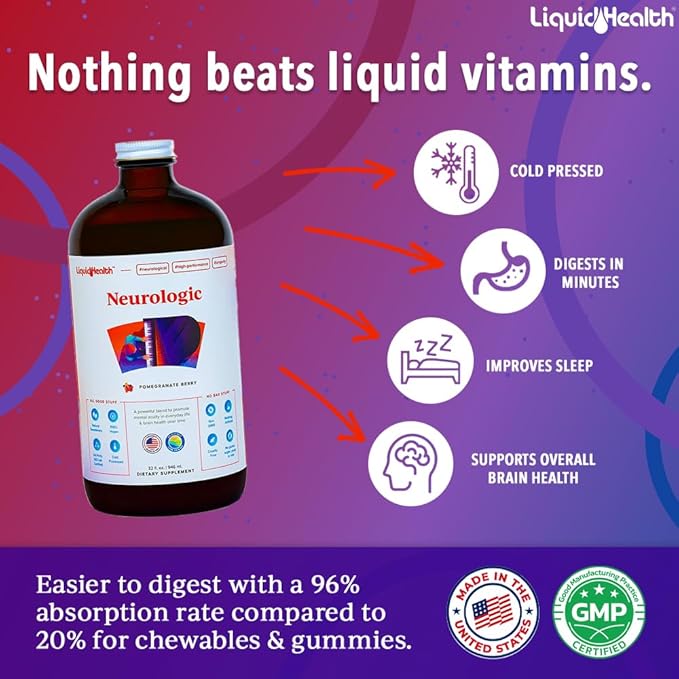 LIQUIDHEALTH Neurologic Focus Supplement - Brain Booster Nootropic Supplement for Cognitive Function Memory &amp Focus with Ginkgo Biloba Choline L-Theanine &amp Phosphatidylserine - USA Made (32