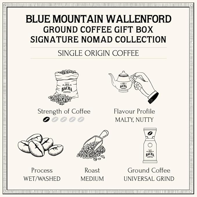 Bacha Coffee | Blue Mountain Wallenford Single Origin Ground Beans Medium Roast 100% Arabica Specialty Coffee 250g Signature Nomad Collection Gift Box