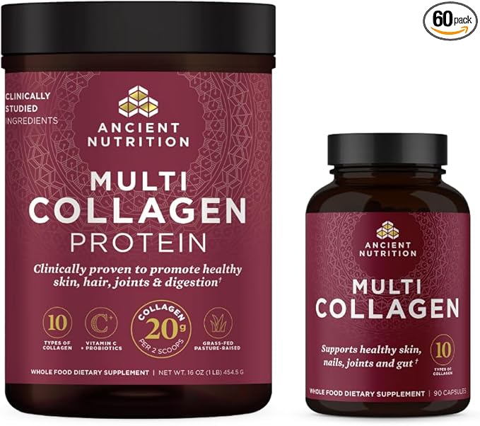 Ancient Nutrition Multi Collagen Capsules 90 Count + Multi Collagen Protein Powder Unflavored 45 Servings