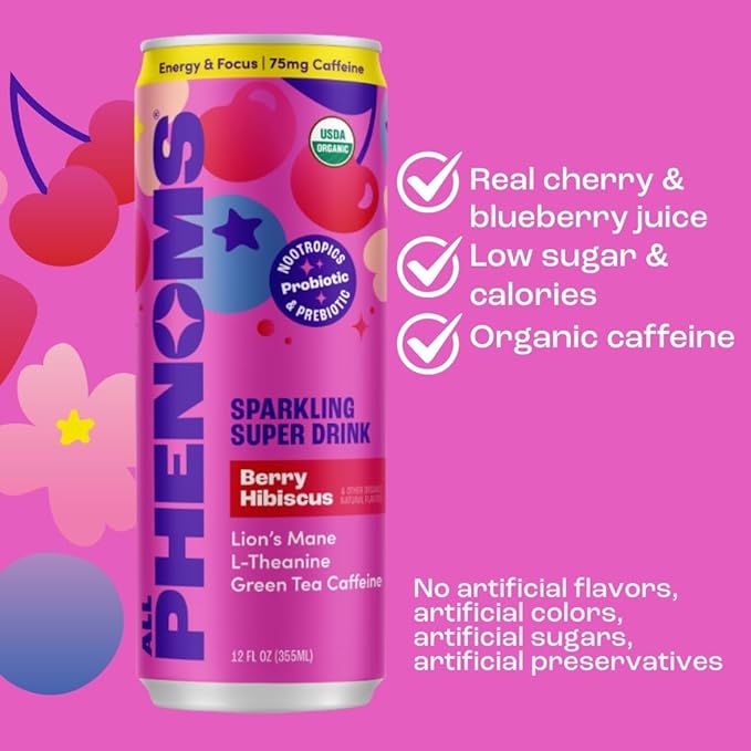 All Phenoms Energy &amp Focus Sparkling Organic Prebiotic &amp Probiotic Drink - Mushroom Blend (320mg Lions Mane) 75mg Green Tea Caffeine 75mg L-Theanine B12 - Berry Hibiscus (No Stevia) 12 Pac