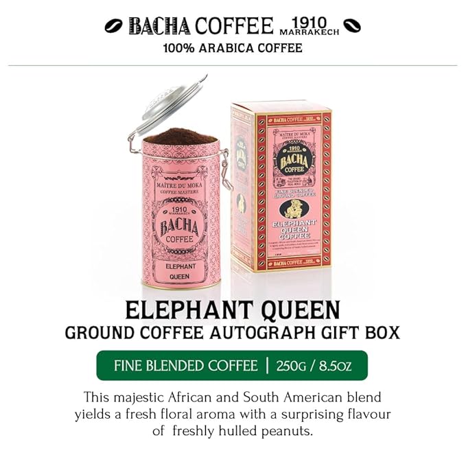Bacha Coffee | Elephant Queen Fine Blended Coffee Autograph Collection 100% Arabica Specialty Coffee Ground Beans Medium Dark Roast 250g &amp 100% Natural Unbleached Wood Fibre Paper Filters Sm