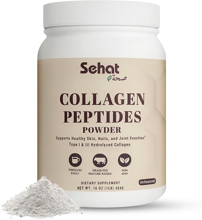 Sehat Halal Collagen Protein Powder Collagen Peptides Powder Supports Healthy Hair Skin Nails and Joint Function Grass-Fed Beef Collagen Type I &amp III Hydrolyzed Non-GMO Unflavored 45 serv