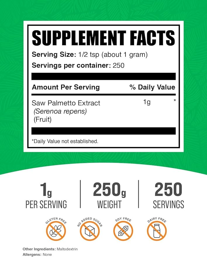 BulkSupplements.com Saw Palmetto Extract Powder - Serenoa Repens Saw Palmetto Supplement Herbal Supplement - Vegan &amp Gluten Free 1g per Serving 250g (8.8 oz) (Pack of 1)